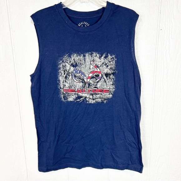 NEW Men’s Realtree Navy Blue and American Flag Sleeveless Shirt Medium - Picture 1 of 5